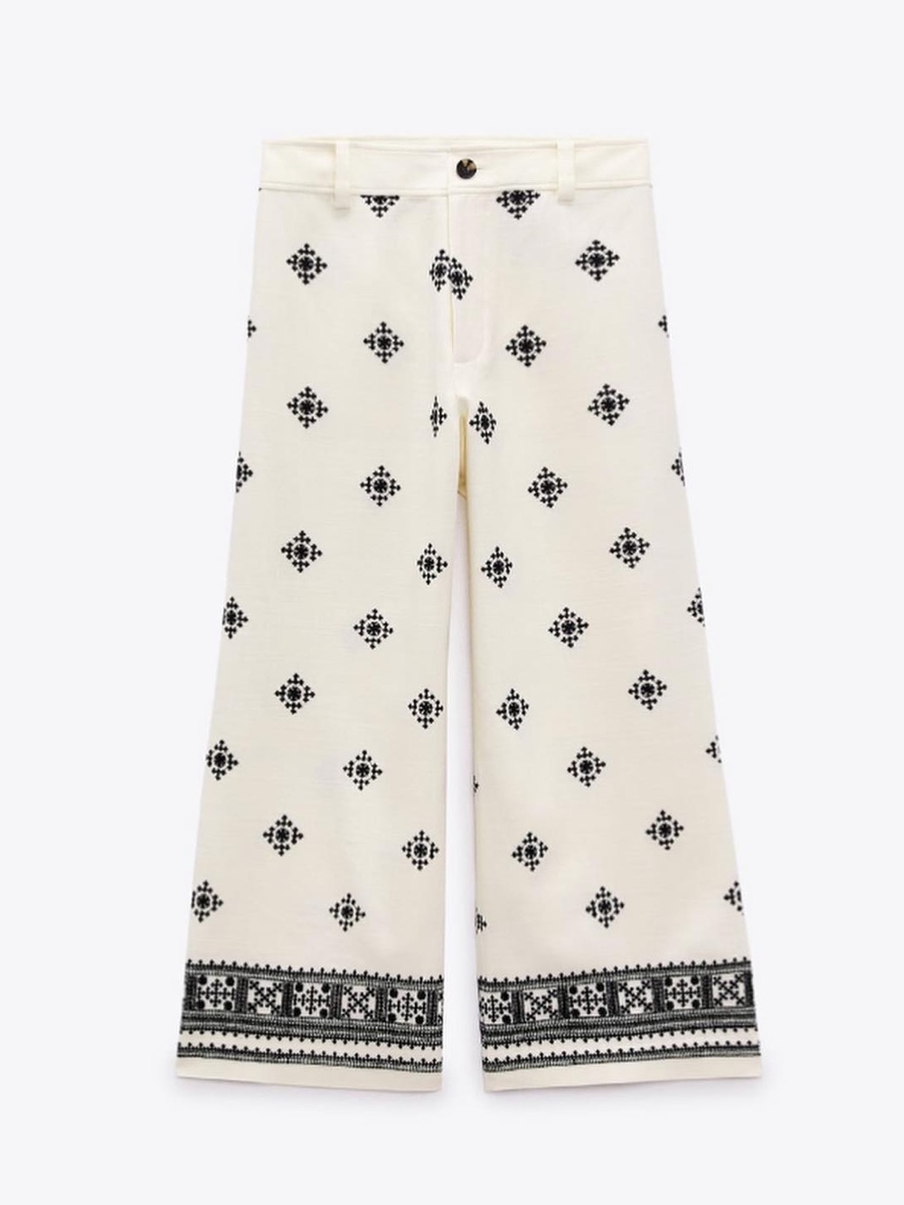 Zara Cream Wide-Leg Pajama Bottoms with Black Embroidered Motif